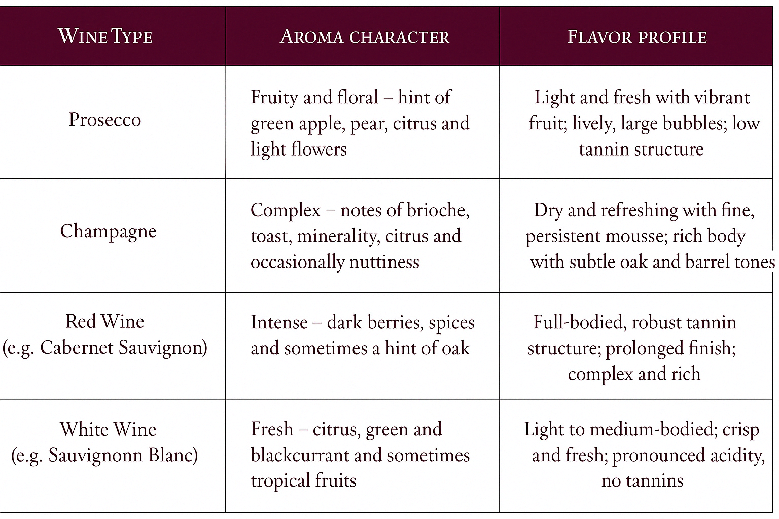 Wine types and character